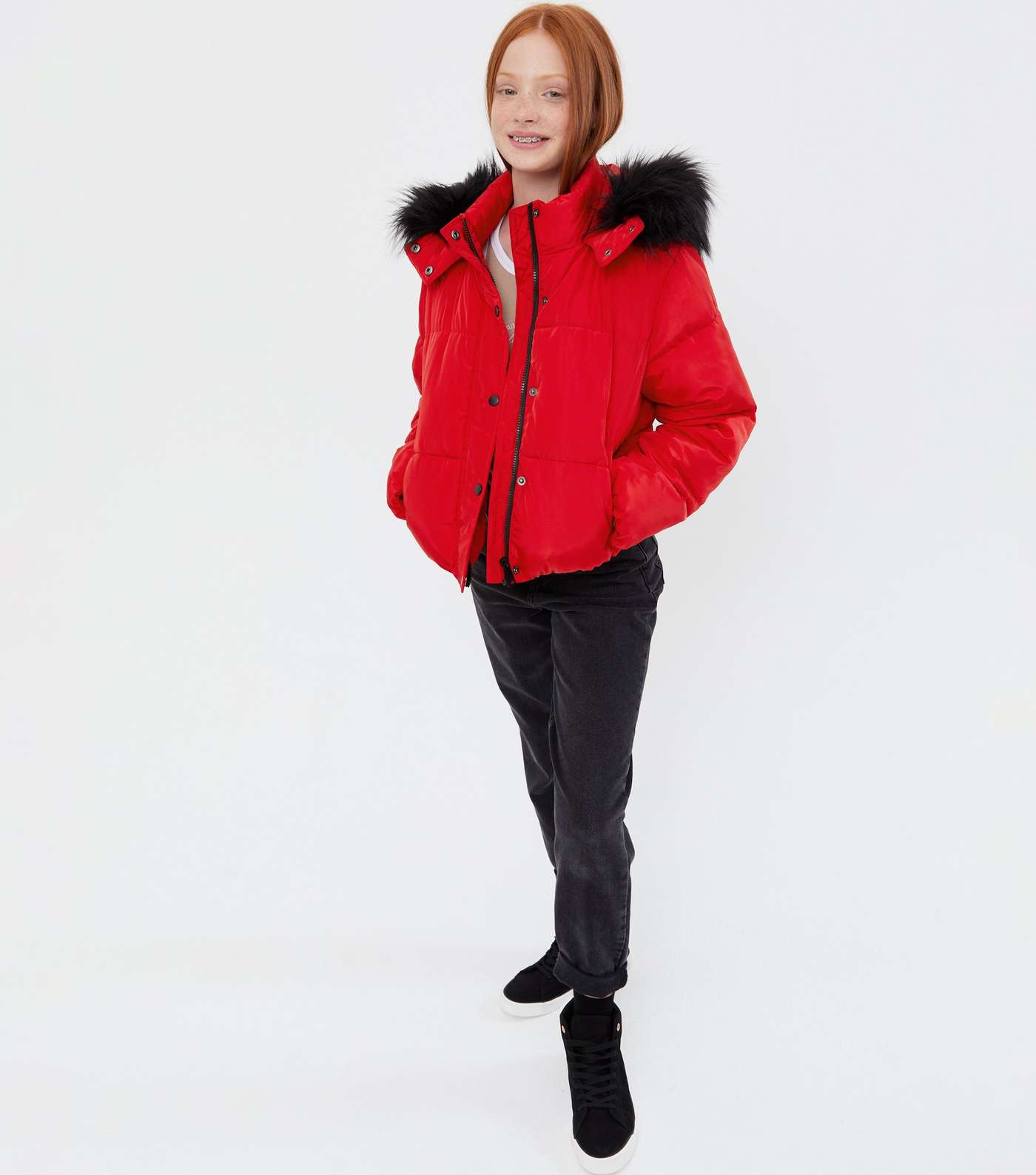 Girls Red Faux Fur Hooded Puffer Jacket Image 2