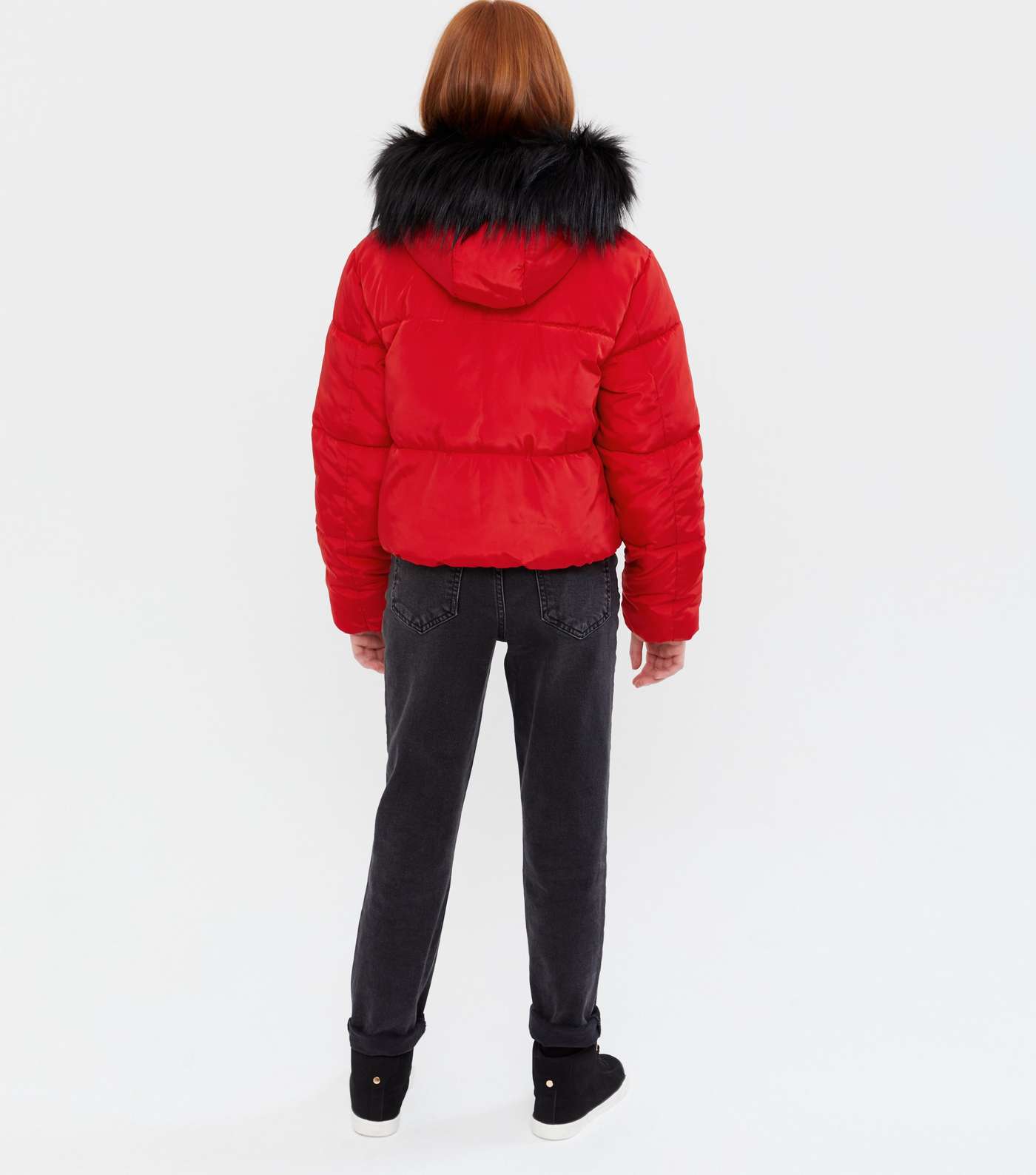 Girls Red Faux Fur Hooded Puffer Jacket Image 4
