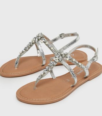 Silver Leather Gem Embellished Sandals New Look