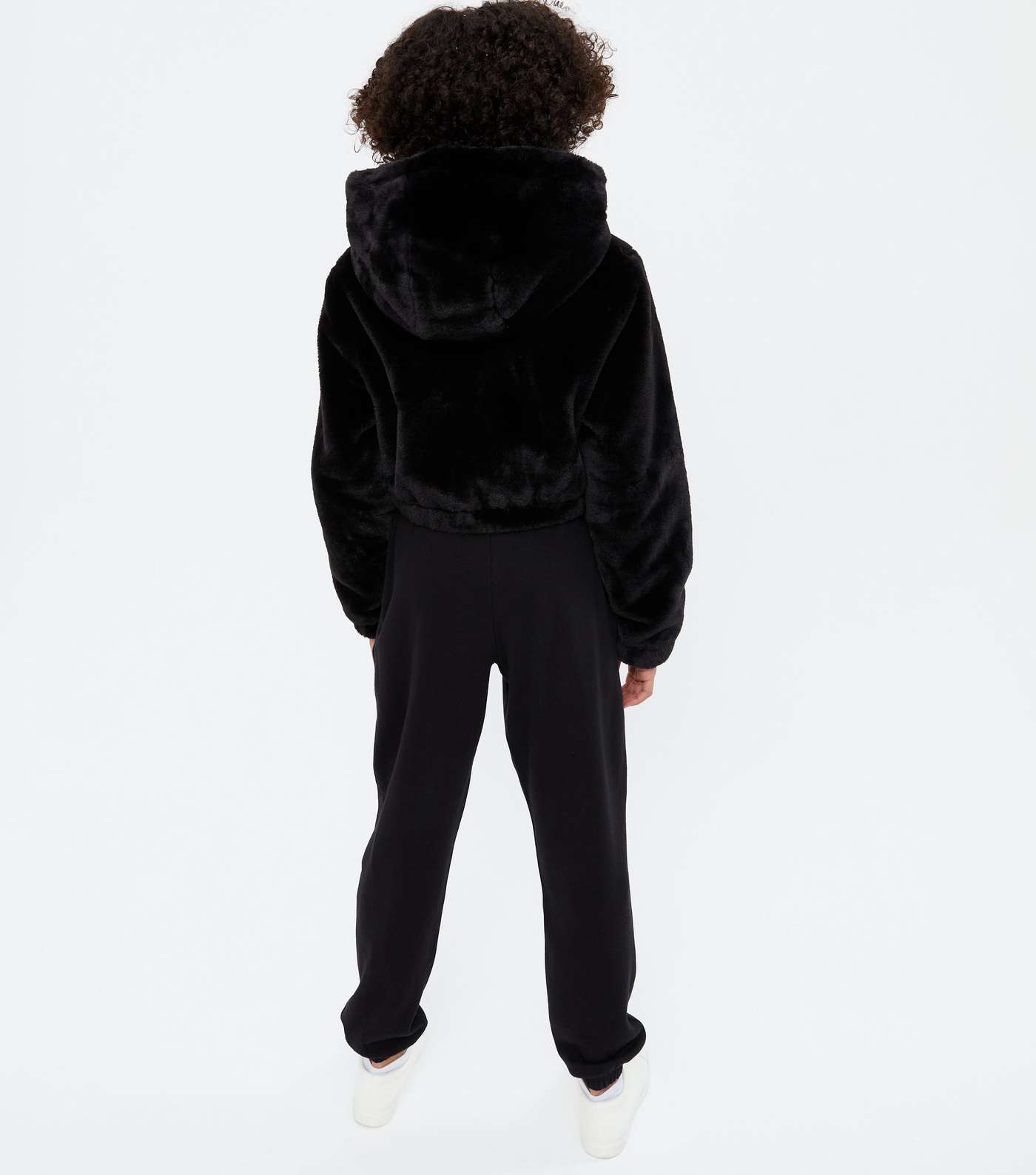 Girls Black Faux Fur Hooded Jacket Image 4