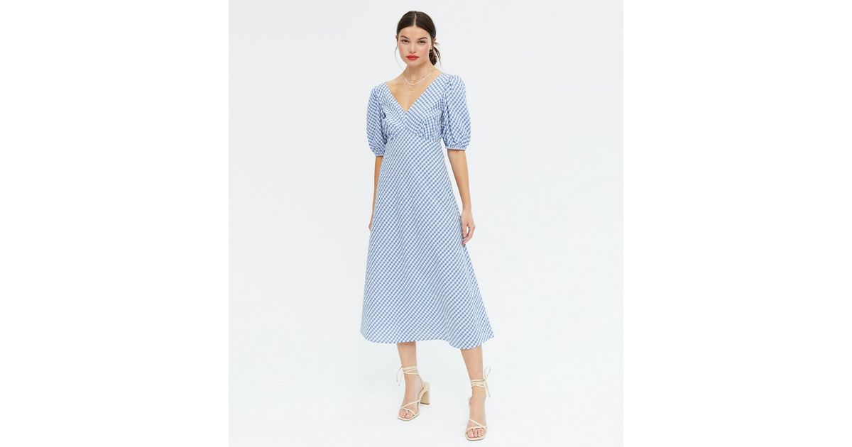 Blue Gingham V Neck Midi Dress | New Look