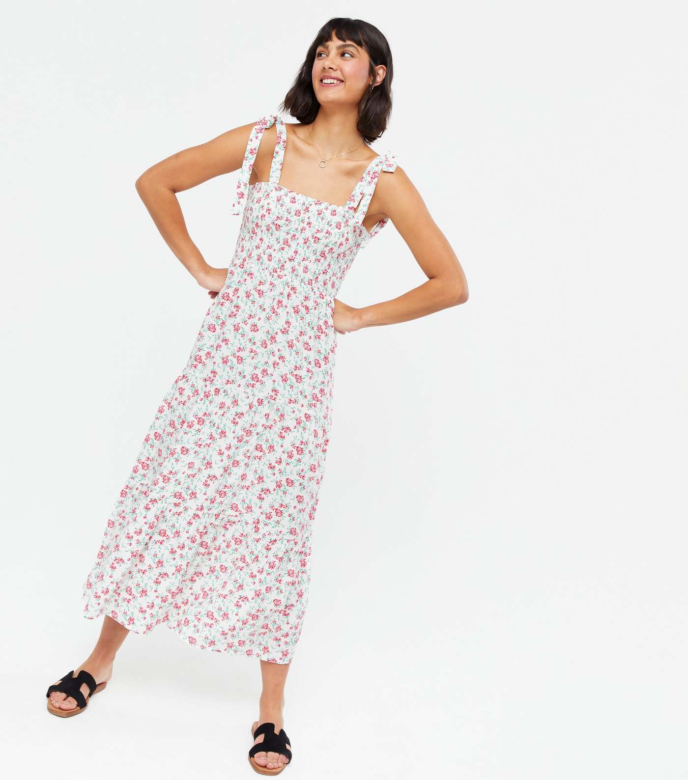 Off White Floral Shirred Tie Strap Tiered Midi Dress Image 2