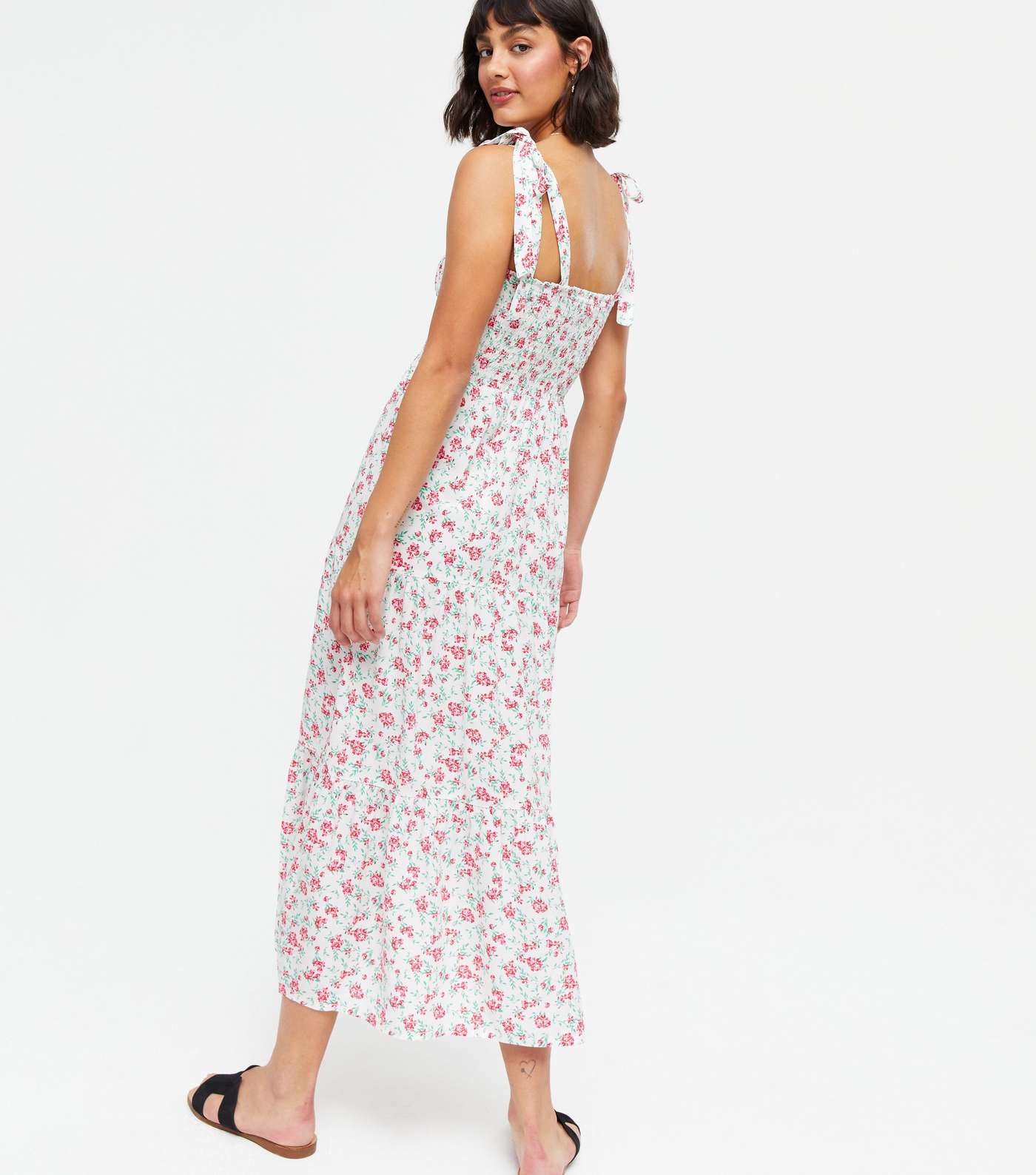 Off White Floral Shirred Tie Strap Tiered Midi Dress Image 4