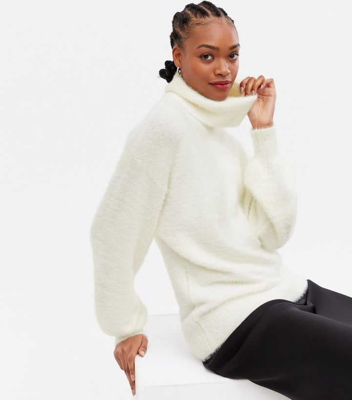 Tall Off White Fluffy Knit Roll Neck Long Jumper | New Look