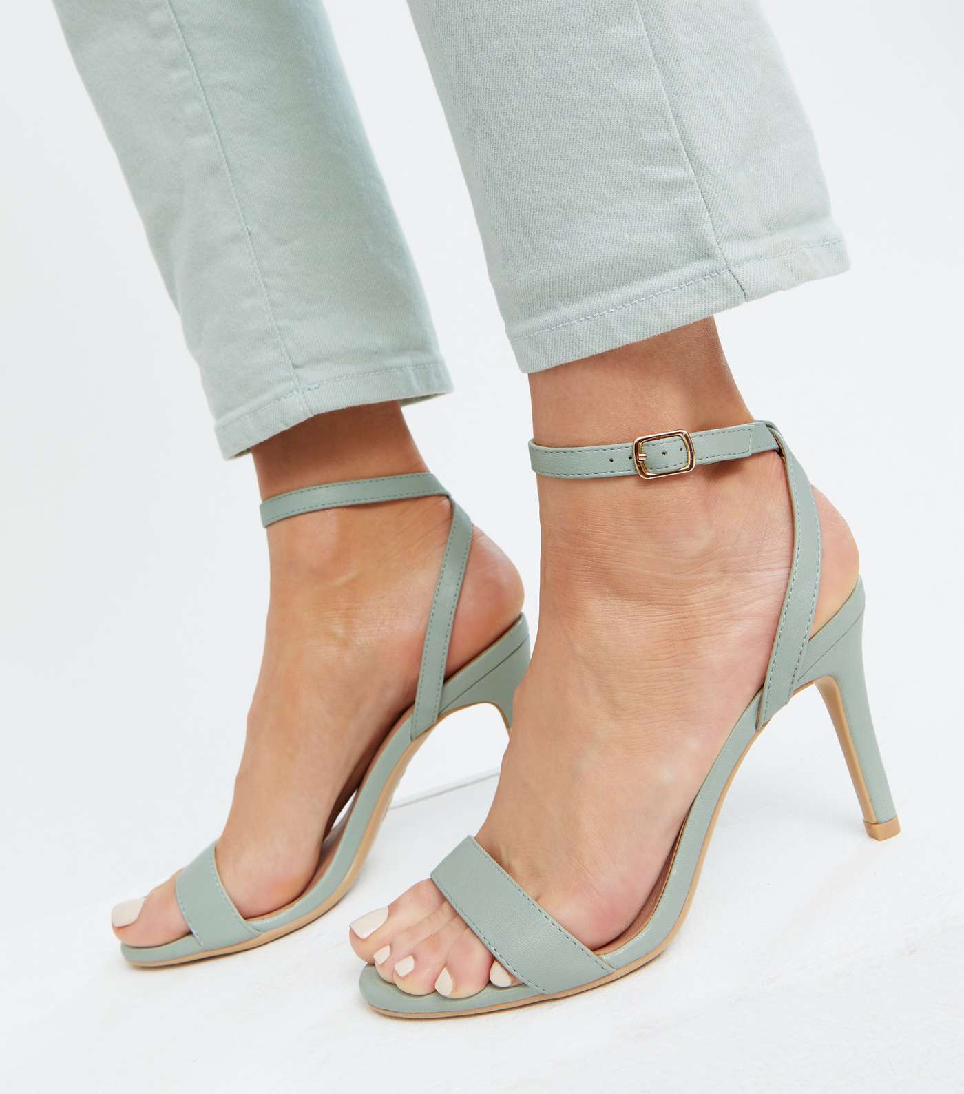 Mint Green Leather-Look Stiletto Heel Sandals Image 2