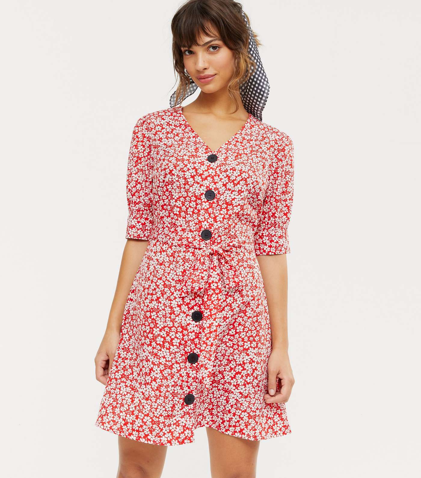 Red Ditsy Floral Puff Sleeve Button Up Dress