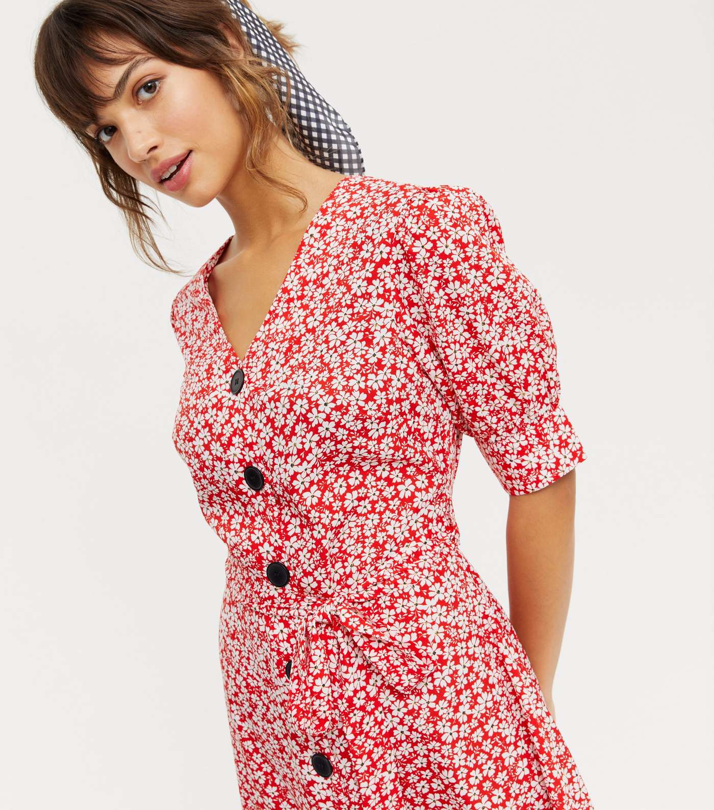 Red Ditsy Floral Puff Sleeve Button Up Dress Image 3