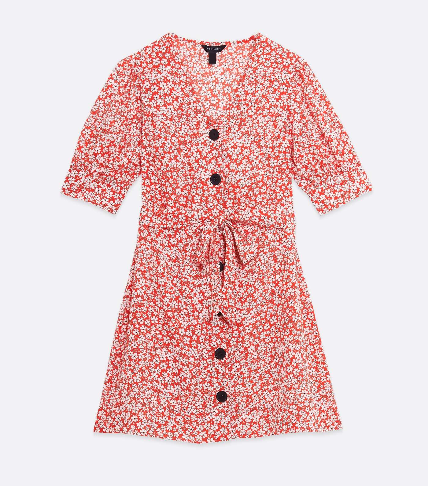 Red Ditsy Floral Puff Sleeve Button Up Dress Image 5