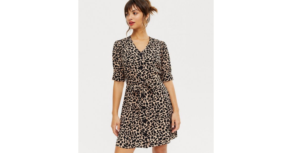 Brown Animal Print Puff Sleeve Button Up Dress | New Look