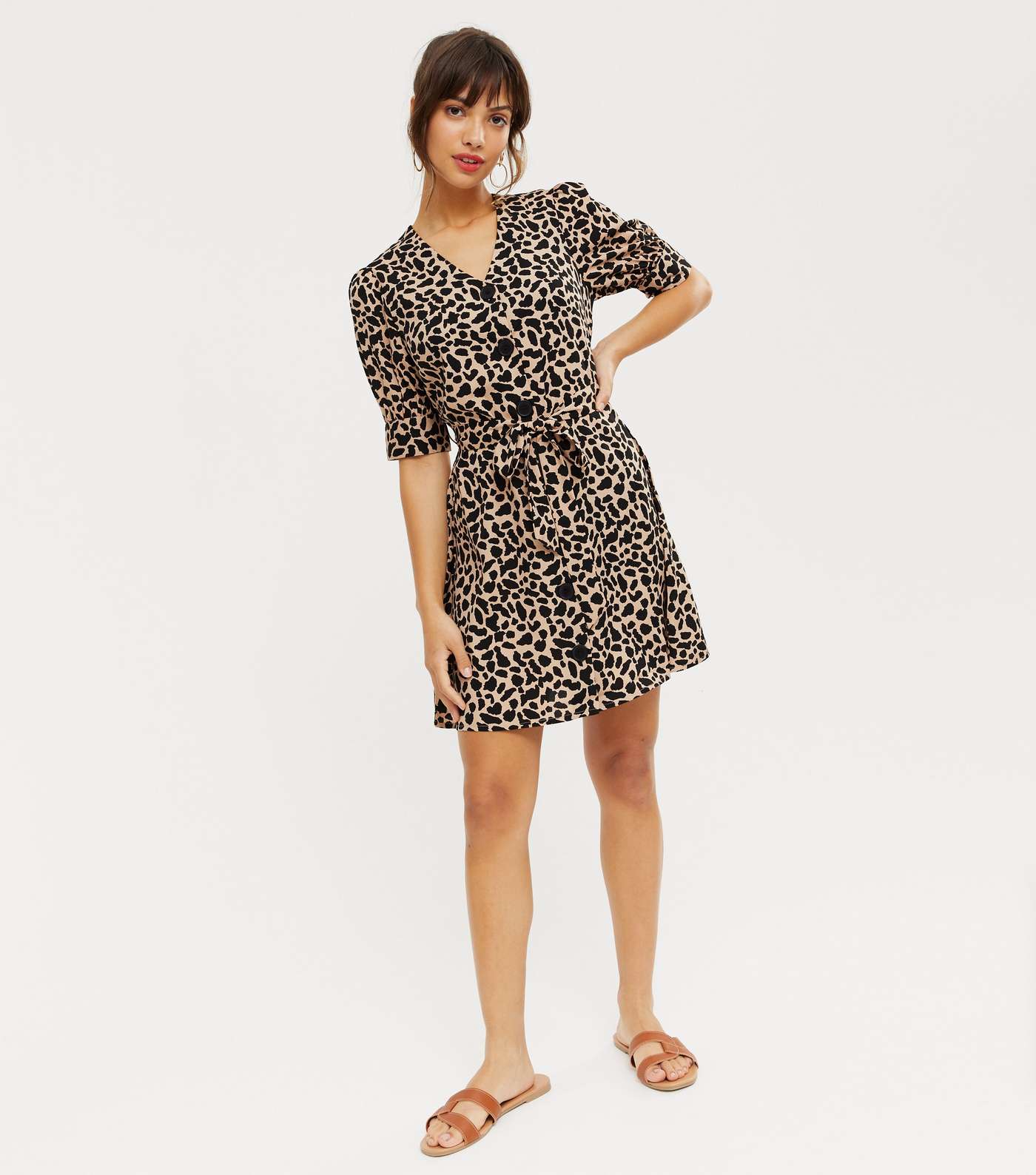 Brown Animal Print Puff Sleeve Button Up Dress Image 2