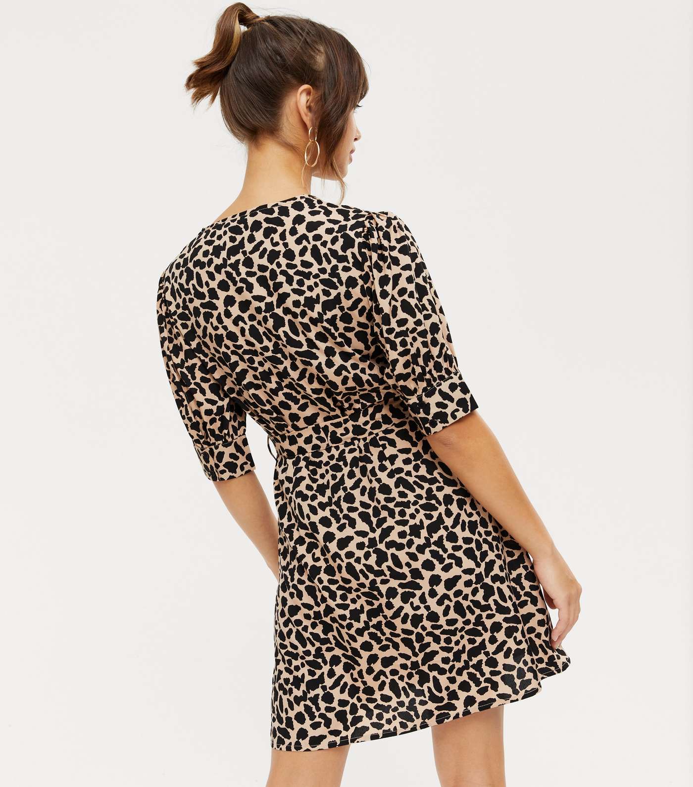 Brown Animal Print Puff Sleeve Button Up Dress Image 4