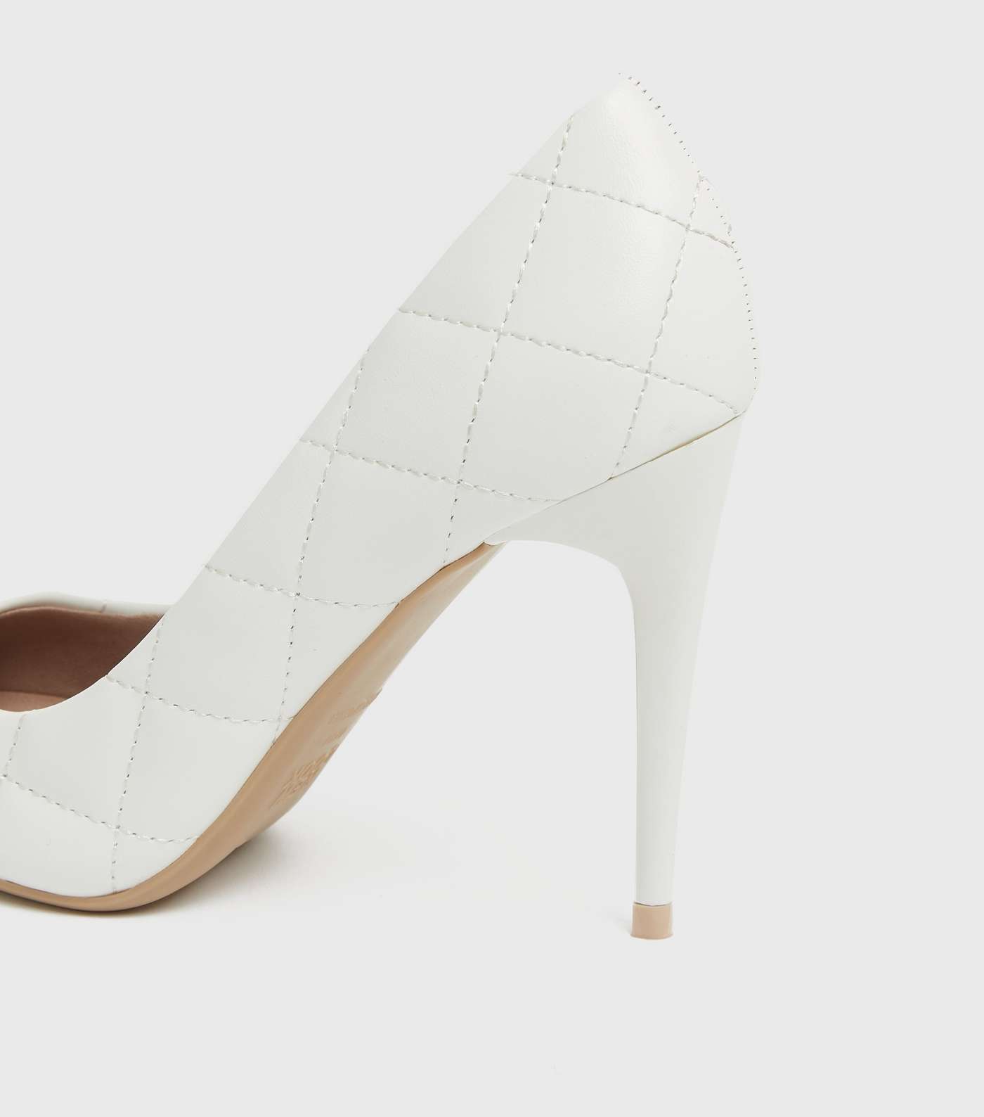 White Quilted Stiletto Heel Pointed Court Shoes Image 4
