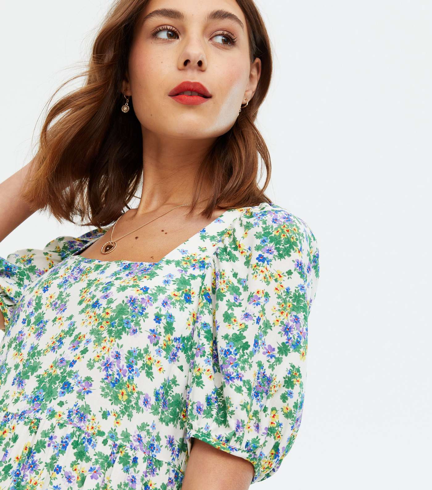 Green Ditsy Floral Frill Tiered Midi Dress Image 3