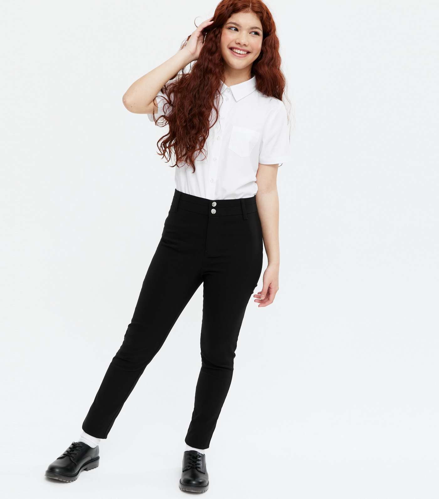 Girls Black Double Button Skinny Trousers
