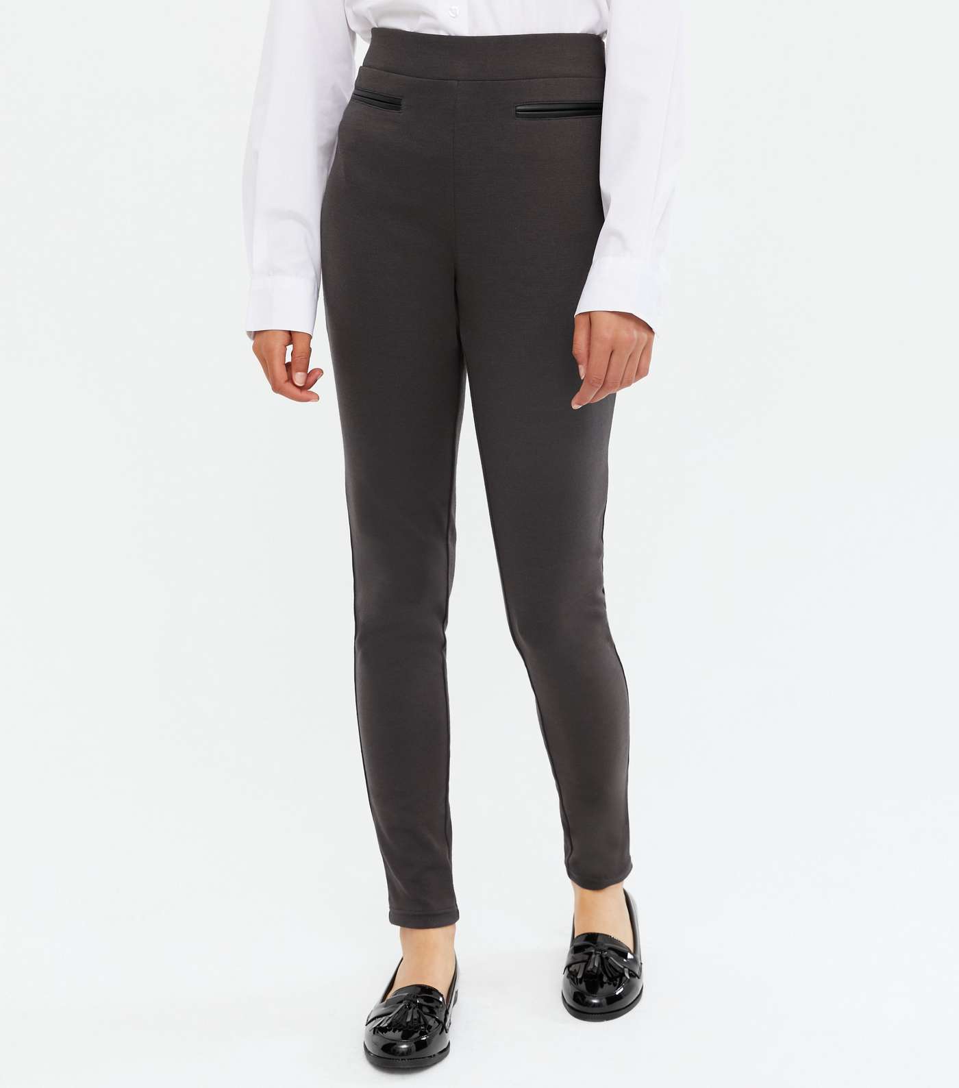 Girls Dark Grey Leather-Look Pocket Skinny Trousers Image 2