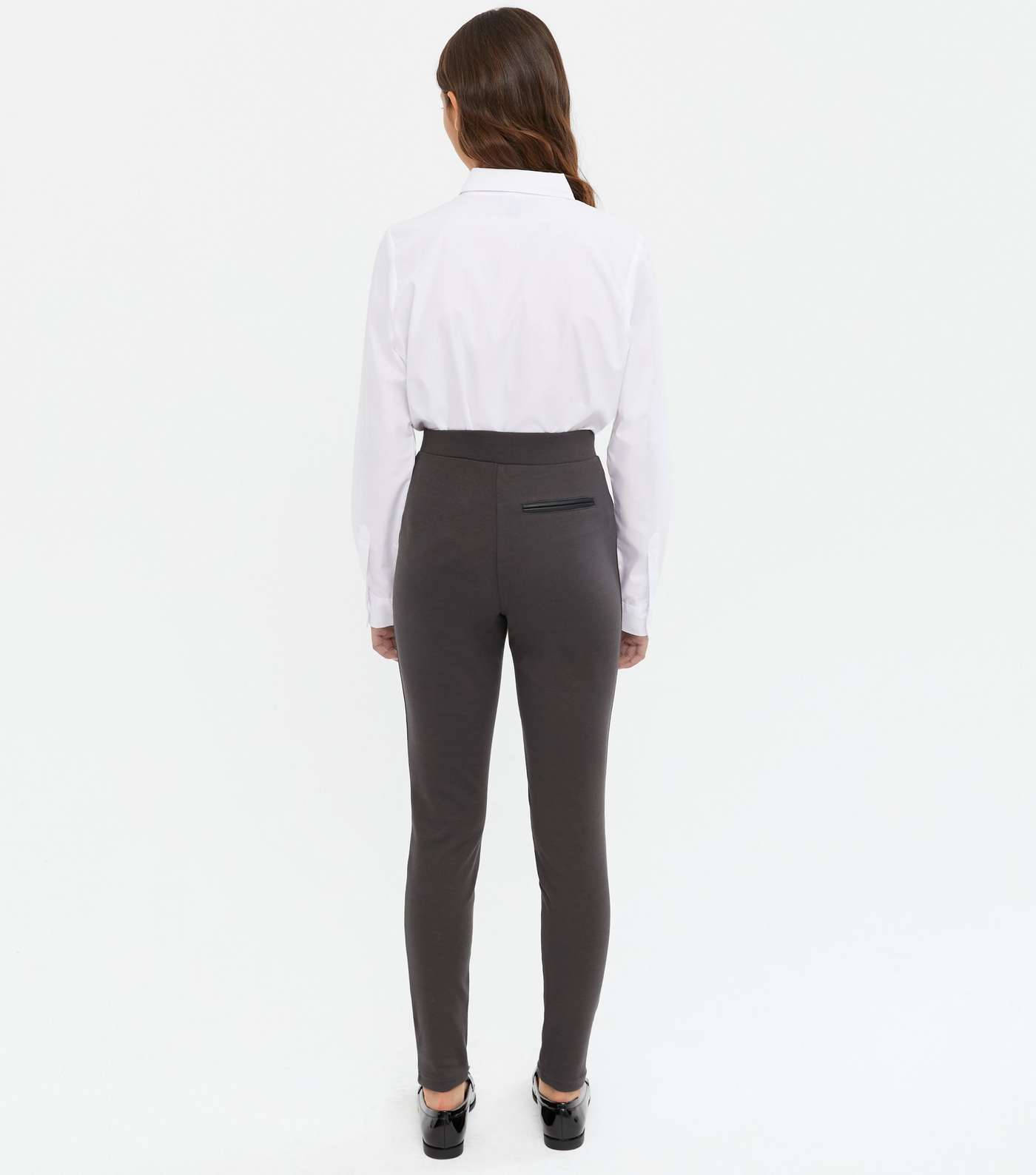 Girls Dark Grey Leather-Look Pocket Skinny Trousers Image 4