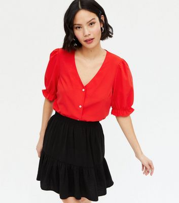 Red blouse discount with puff sleeves