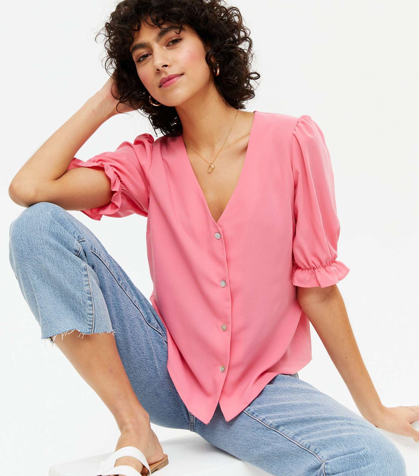 Mid Pink Crepe Puff Sleeve Blouse