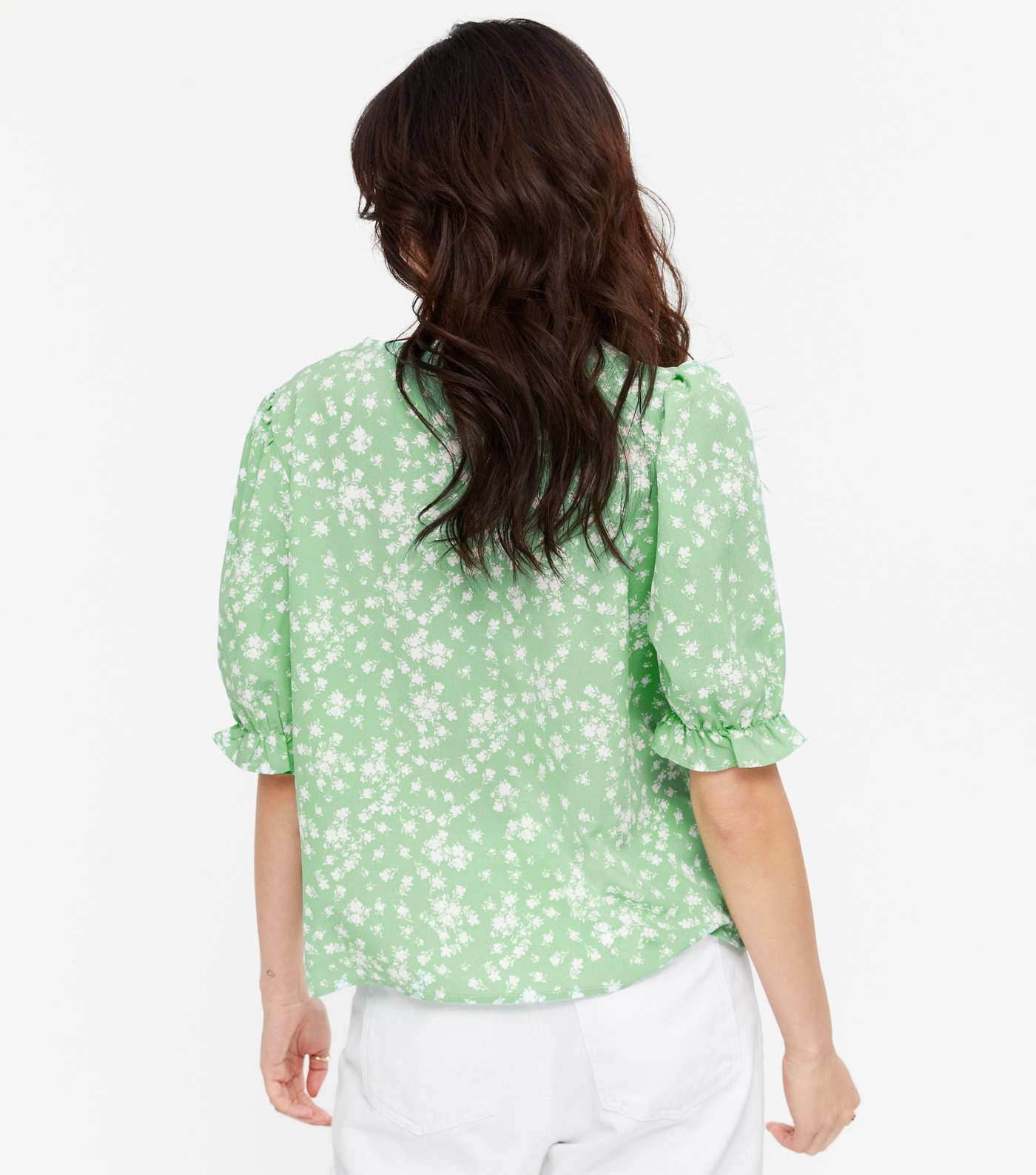 Light Green Floral Crepe Button Front Blouse Image 4