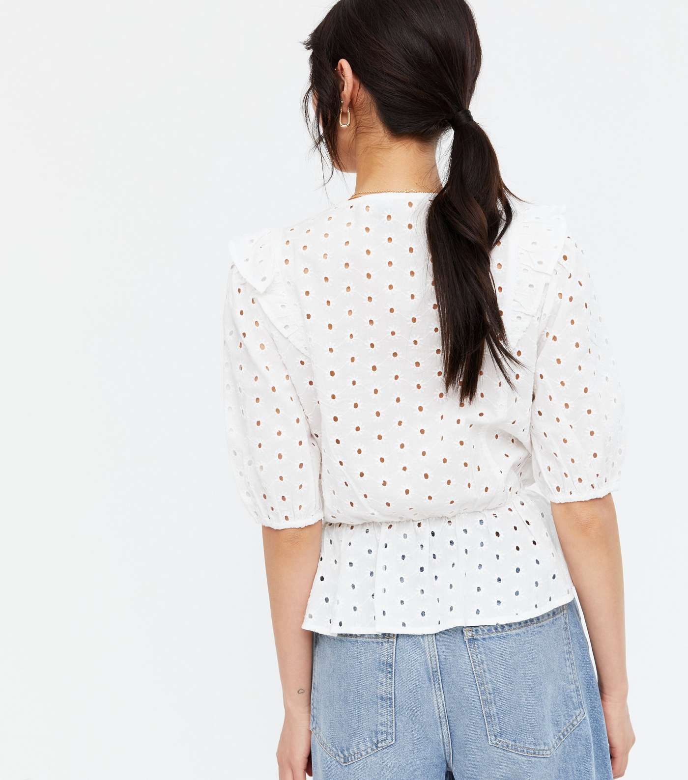 Off White Broderie Frill Wrap Peplum Blouse Image 4