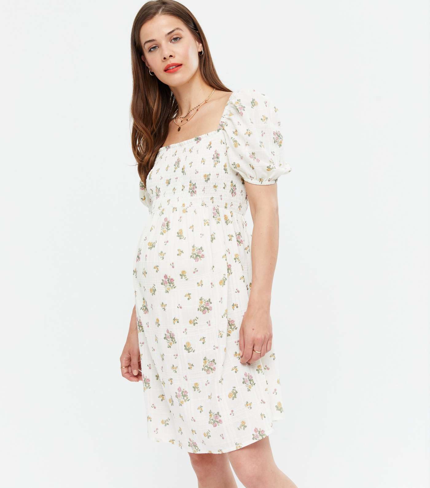 Maternity White Floral Shirred Square Neck Mini Dress