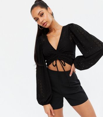 v neck drawstring front crop top