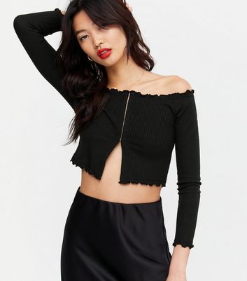 Black Hook and Eye Crop Bardot Top New Look