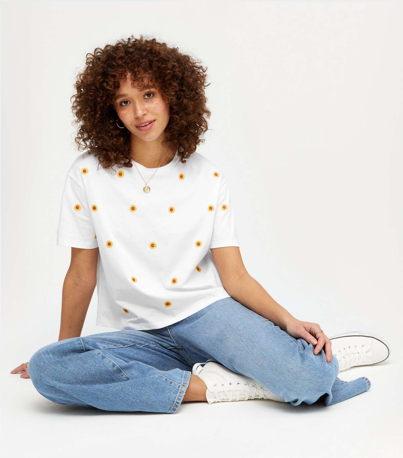 White Floral Embroidered Boxy T-Shirt  Image 2