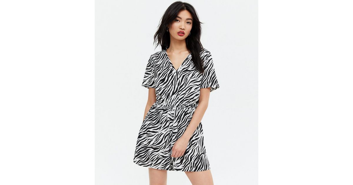 Black Zebra Print Tie Back Playsuit New Look