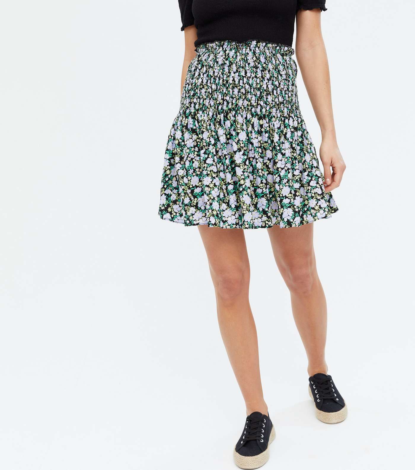 Black Floral Shirred Mini Skirt Image 2