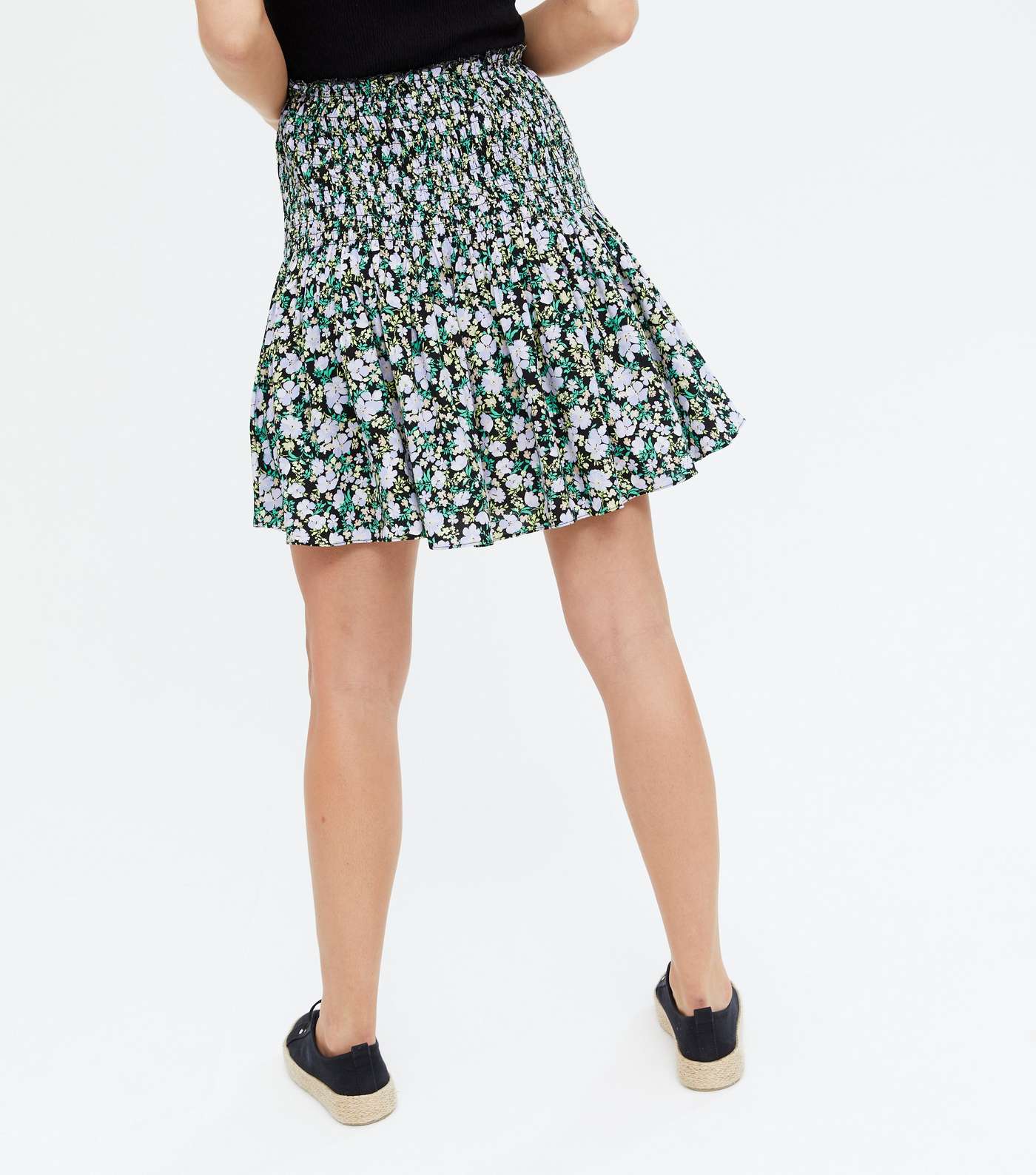 Black Floral Shirred Mini Skirt Image 4