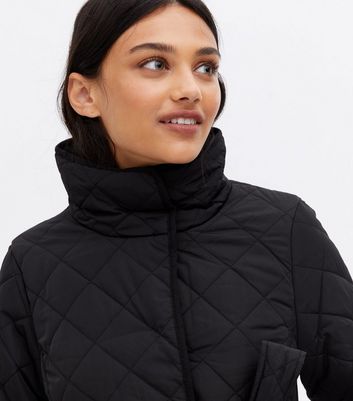 Black Quilted High Neck Belted Midi Coat