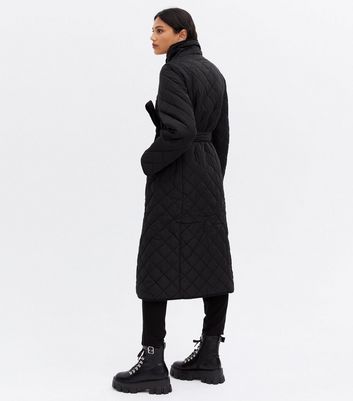 black quilted high neck belted midi coat