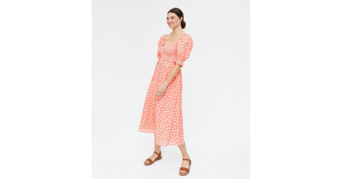 Orange Daisy Shirred Tiered Midi Dress | New Look