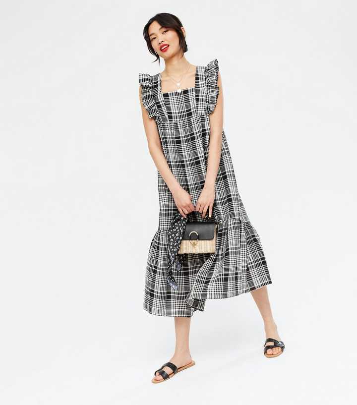 Black Check Square Neck Frill Smock Midi Dress