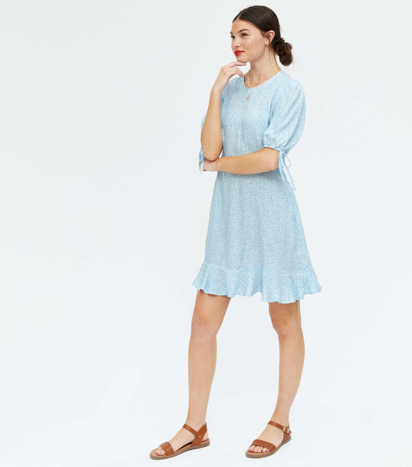 Pale Blue Floral Tie Sleeve Tiered Mini Dress Image 2