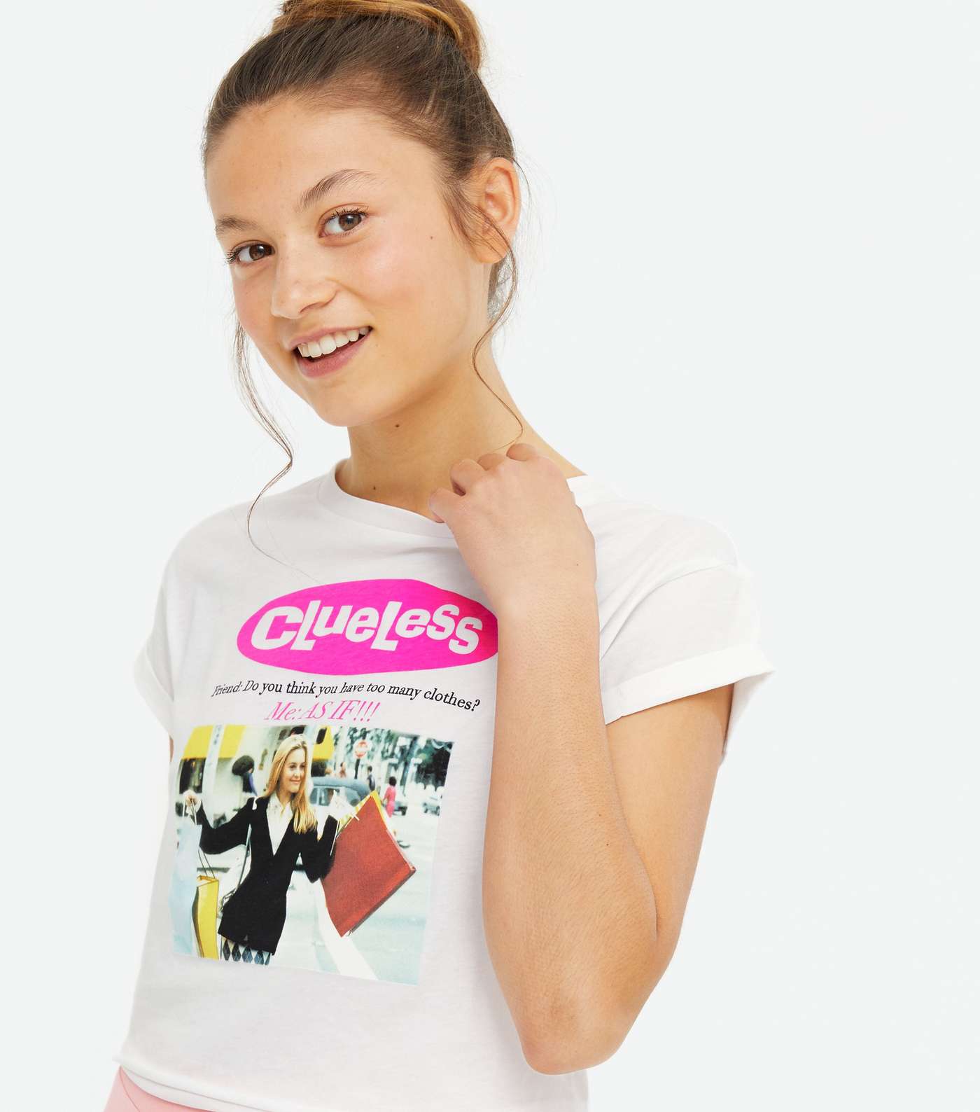 Girls White Clueless Meme Logo T-Shirt Image 3