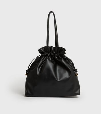 Black Leather Look Drawstring Tote Bag New Look