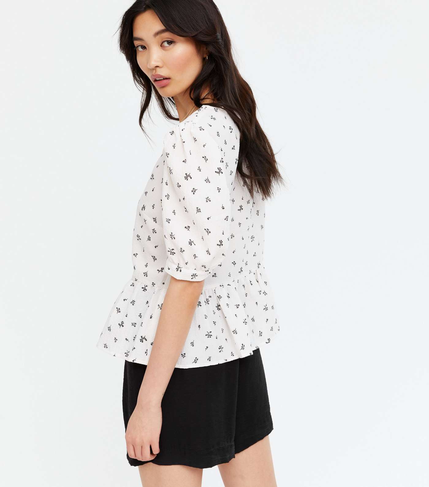 White Ditsy Floral Button Front Peplum Blouse Image 4