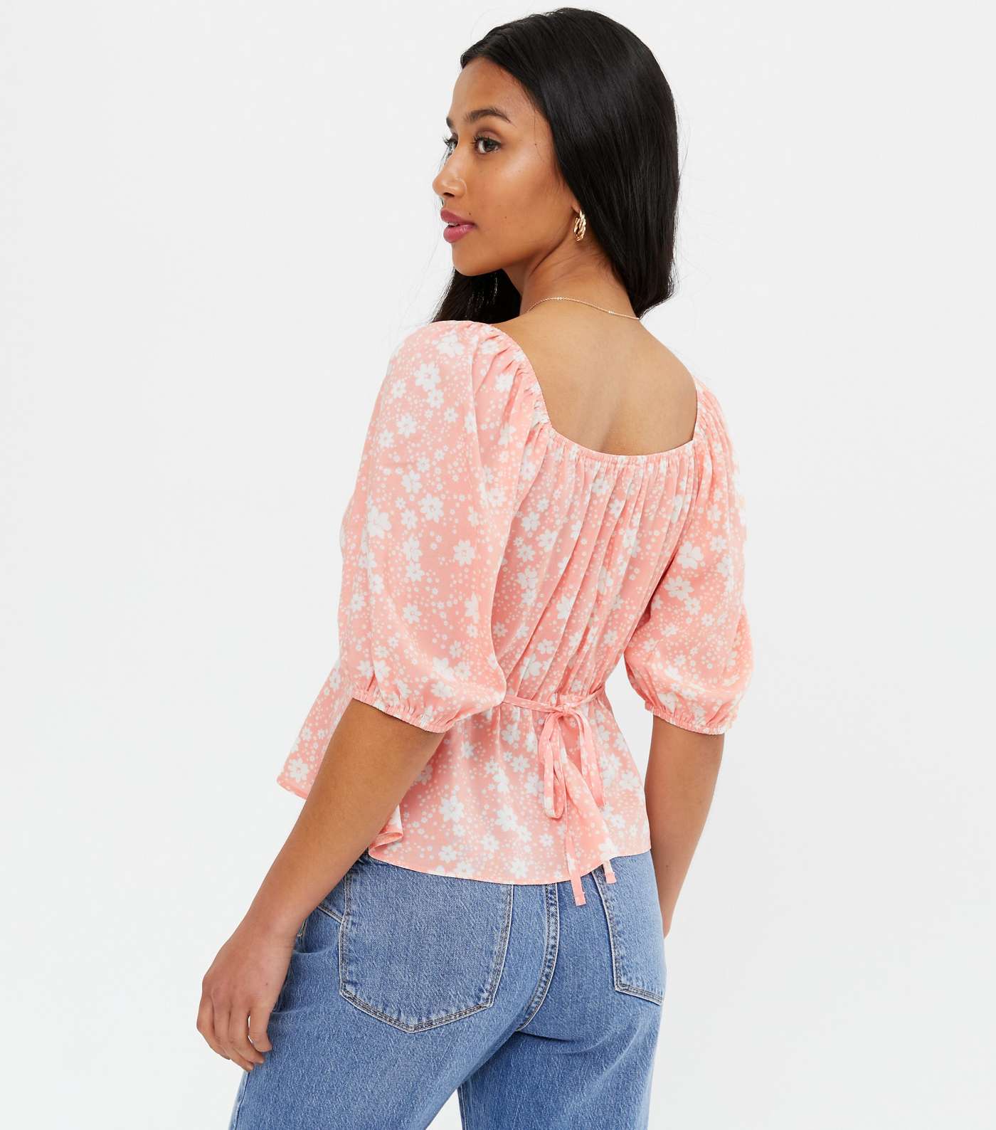 Petite Pink Ditsy Floral Square Neck Peplum Blouse Image 4