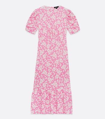 Petite Pink Floral Ruched Puff Sleeve Midi Dress New Look