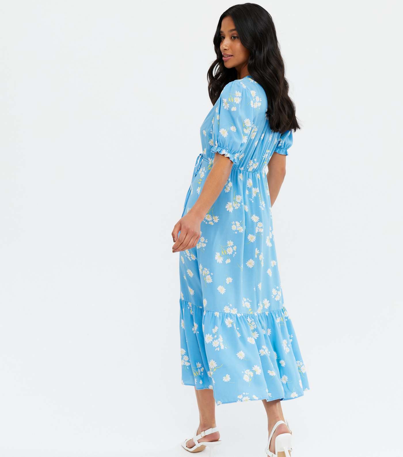 Petite Blue Floral Puff Sleeve Midi Wrap Dress Image 4
