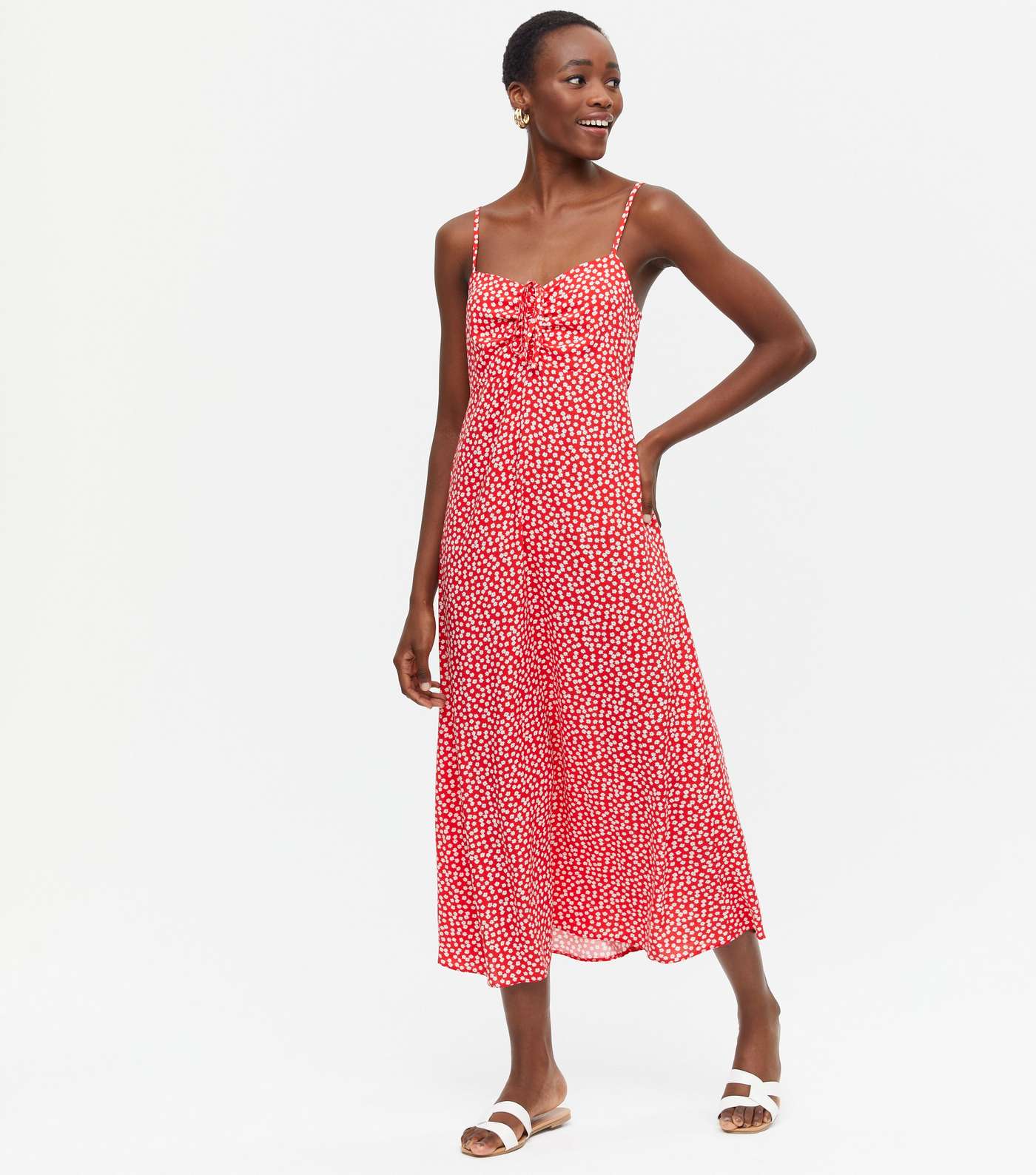 Tall Red Ditsy Floral Tie Front Midi Slip Dress Image 2