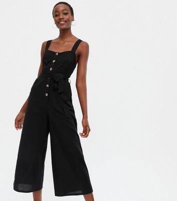 Tall Black Button Front Belted Crop Jumpsuit New Look