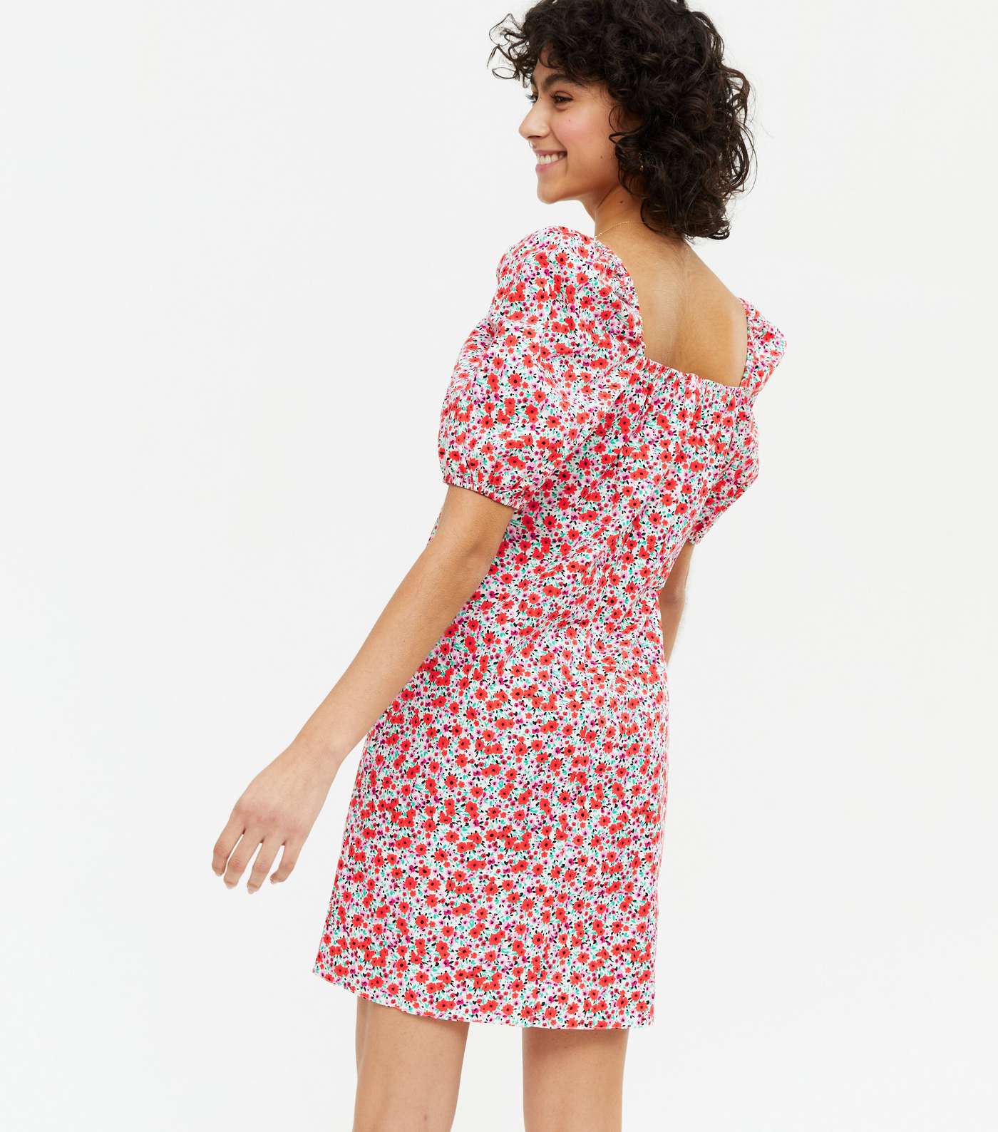 Red Floral Square Neck Puff Sleeve Dress Image 4