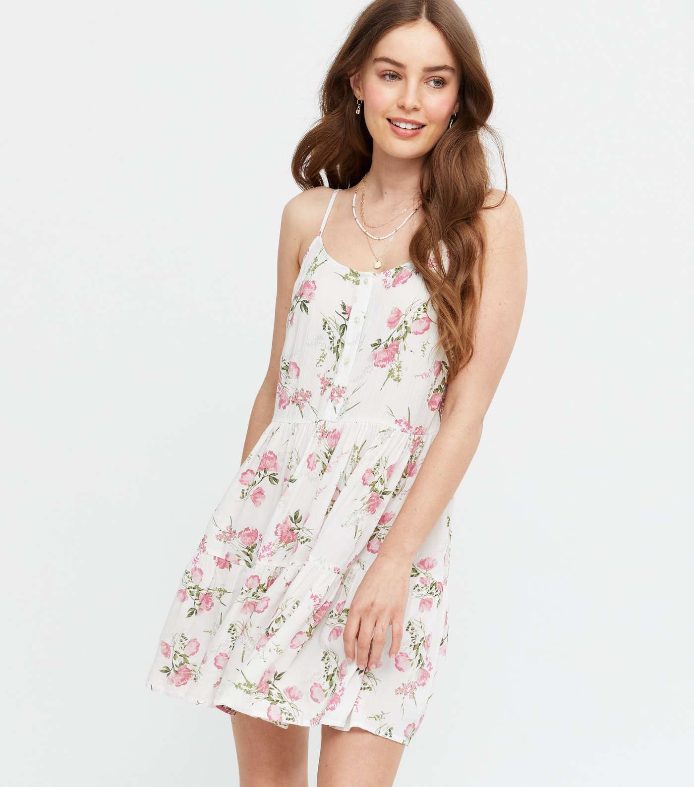 White Floral Button Front Tiered Mini Sundress