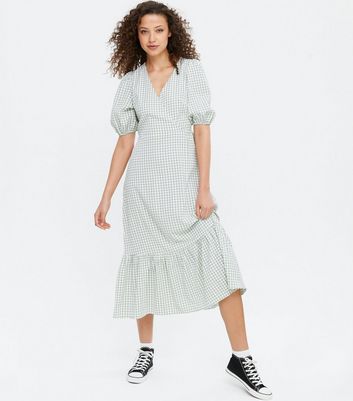 gingham puff sleeve midi dress