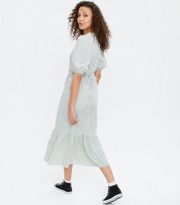 gingham puff sleeve midi dress