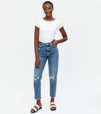 Tall Blue Ripped Knee High Waist Tori Mom Jeans New Look