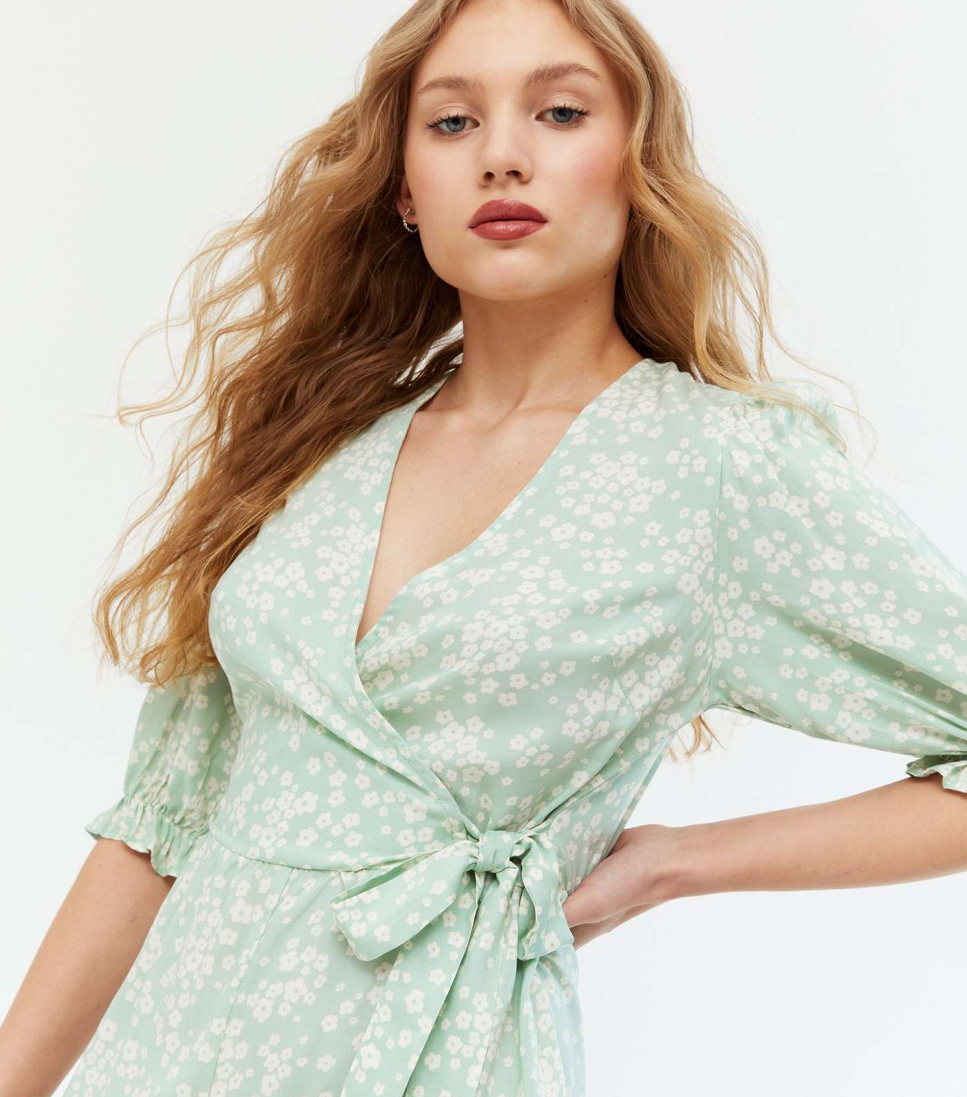 Green Ditsy Floral Wrap Playsuit  Image 3